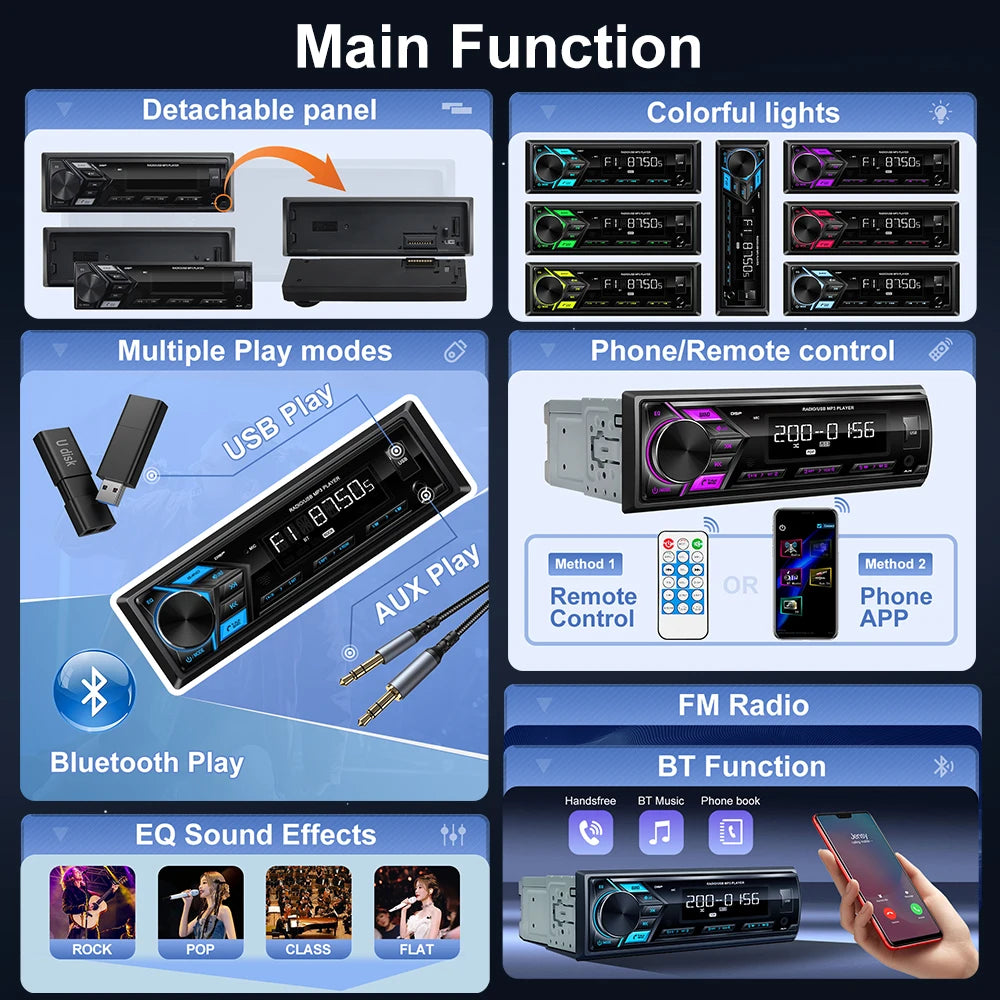 AKAMATE Car Radio MP3 Multimedia Player Audio FM Radio Support Phone Charging Bluetooth EQ AUX USB Detachable Panel 1Din Radio