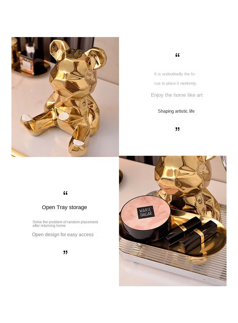 Geometric bear statue with tray storage, ceramic plating piggy bank, key, cosmetic storage box, bookshelf statue decoration.