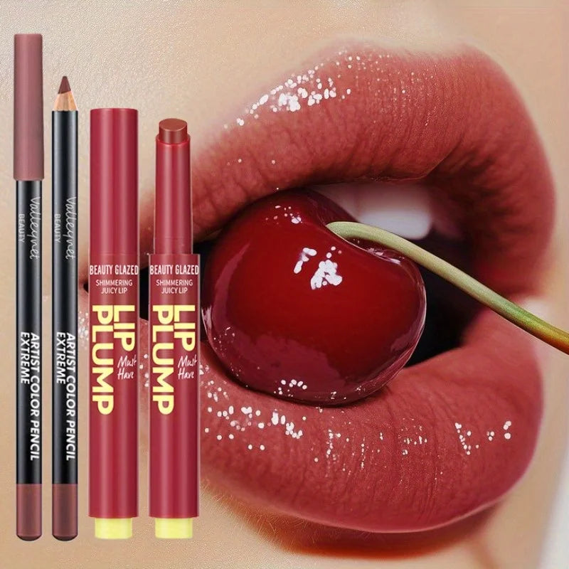 2 Pcs/Set Lip Combo Set Lipstick + Lip Liner Long Lasting Waterproof Easy To Apply Lipstick Set Glossy Lipstick Lip Makeup