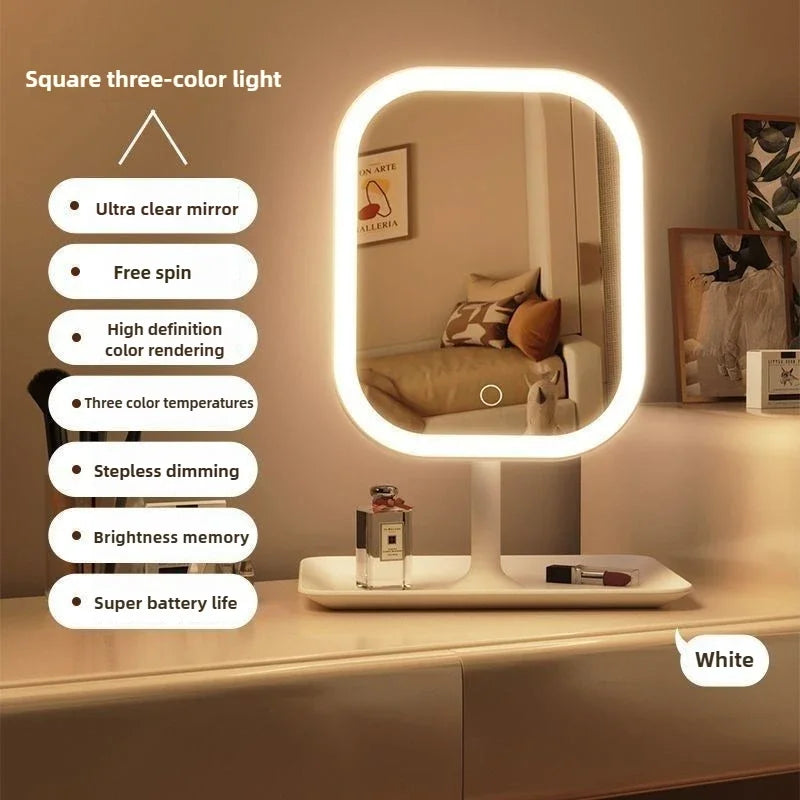 1~2PCS Large Square Rotating LED Makeup Mirror - Square Vanity Mirror with Adjustable Lighting for Girls Dormitory & Home Use