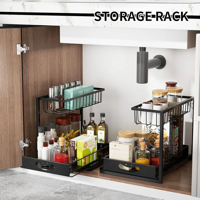 Under Sink 2 Tier Sliding Cabinet Basket Organizer Drawer Pull-Out Cabinet Organizer For Bathroom and Kitchen