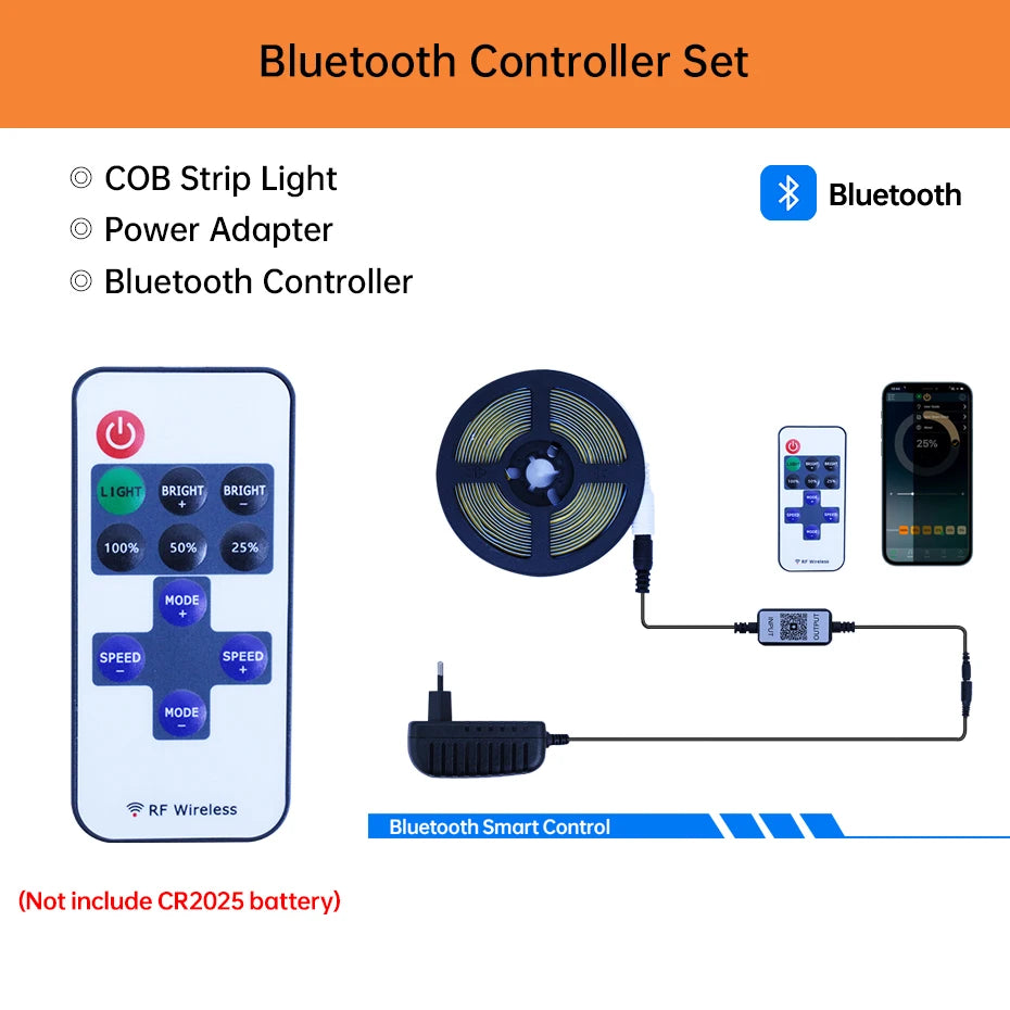 12V COB LED Strip Light 320LEDs/m 0.5m-5m with Power Supply & Bluetooth Controller for Warm/Neutral/Cold White Cabinet Lighting