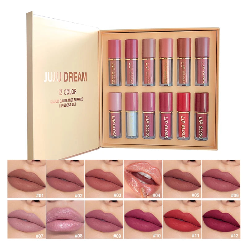 12pcs Matte Lip Glaze Set, Waterproof Long-Lasting Non-Stick Cup,Multi-Color System in Pink, Brown, Red, Purple
