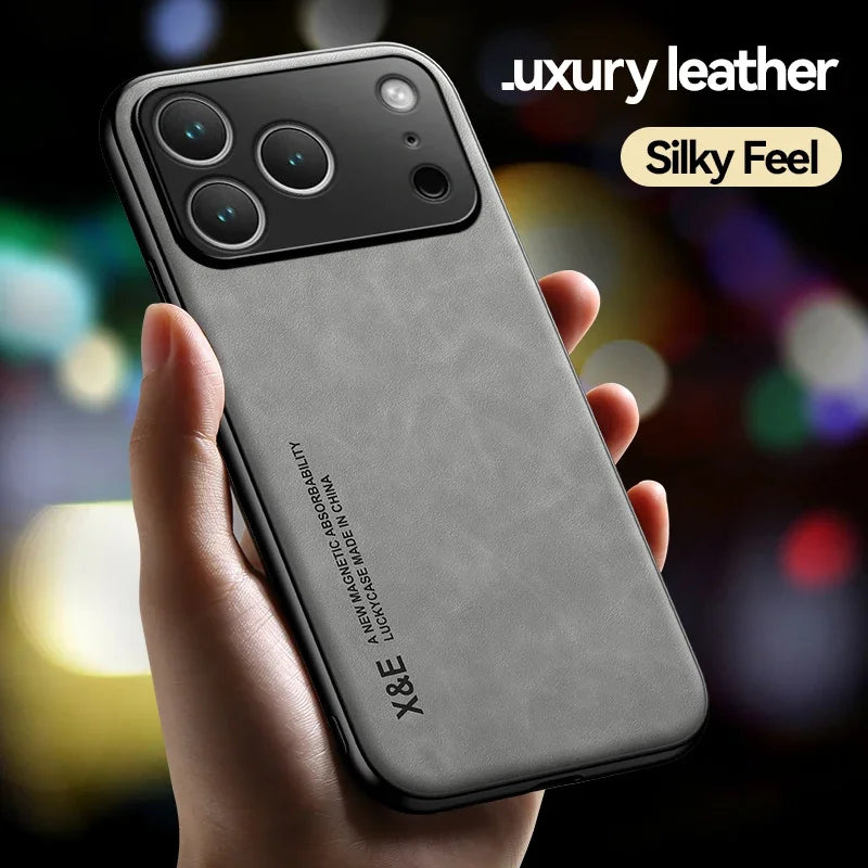 Leather Case For iPhone 17 Pro Max 16 15 14 13 12 11 Pro Max 16e Cover With Metal Plate Support Car Hold Cover Capa Fundas