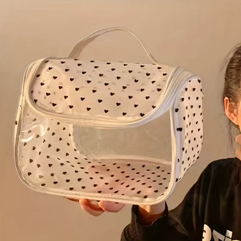 1pc Large Capacity Heart Mesh Makeup Bag Frosted Transparent Cosmetic Toiletry Organizer Travel Pouch for Office Home or Daily