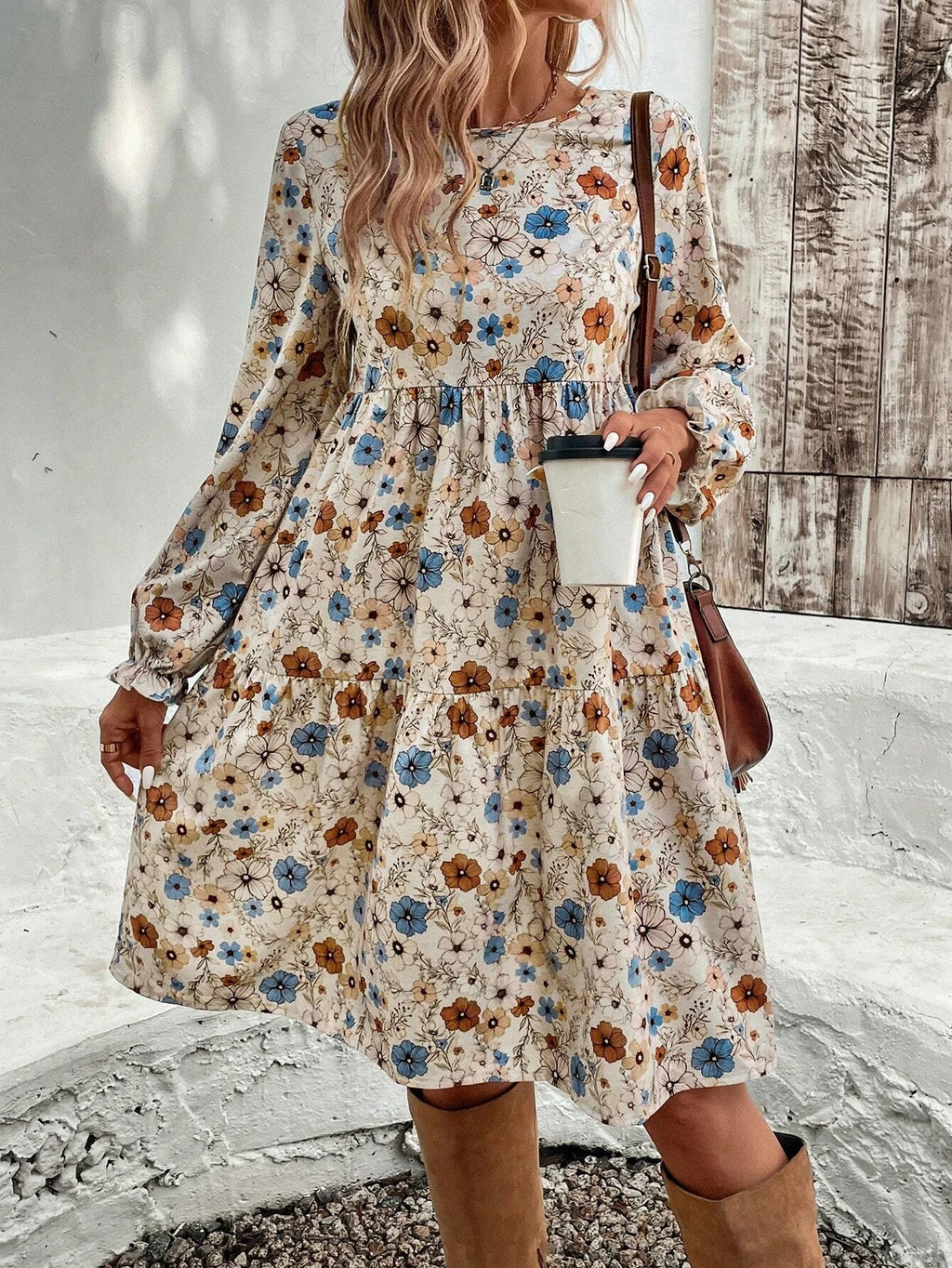 Women's Floral Print Tie Neck Flounce Sleeve Dress, Elegant Fashion Casual Dress for Daily Outdoor Wear, Women Dress for Spring