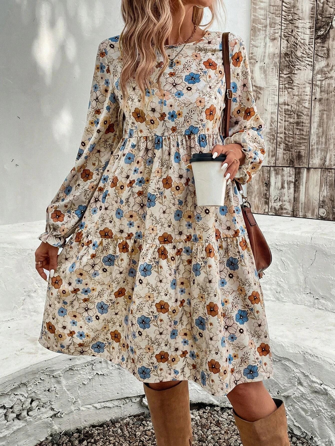 Women's Floral Print Tie Neck Flounce Sleeve Dress, Elegant Fashion Casual Dress for Daily Outdoor Wear, Women Dress for Spring