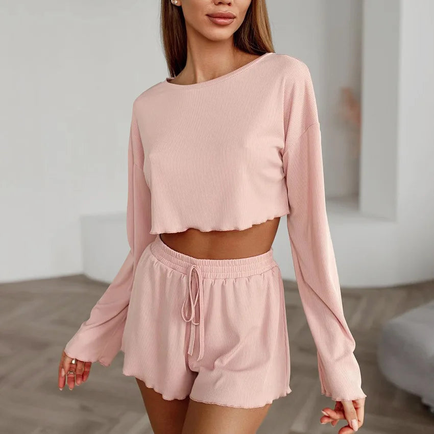Women's Pajamas Long-sleeved Navel Leakage Top Shorts Set Knitted Fabric Comfortable Soft Breathable Fashion Simple Homewear