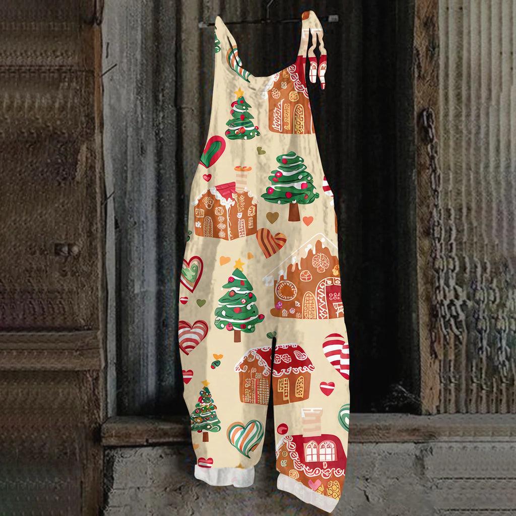 2025 Women's Fashion Christmas Printed Casual Loose Vintage Strappy Jumpsuit Retro Festival Pants New Year Themed Clothing