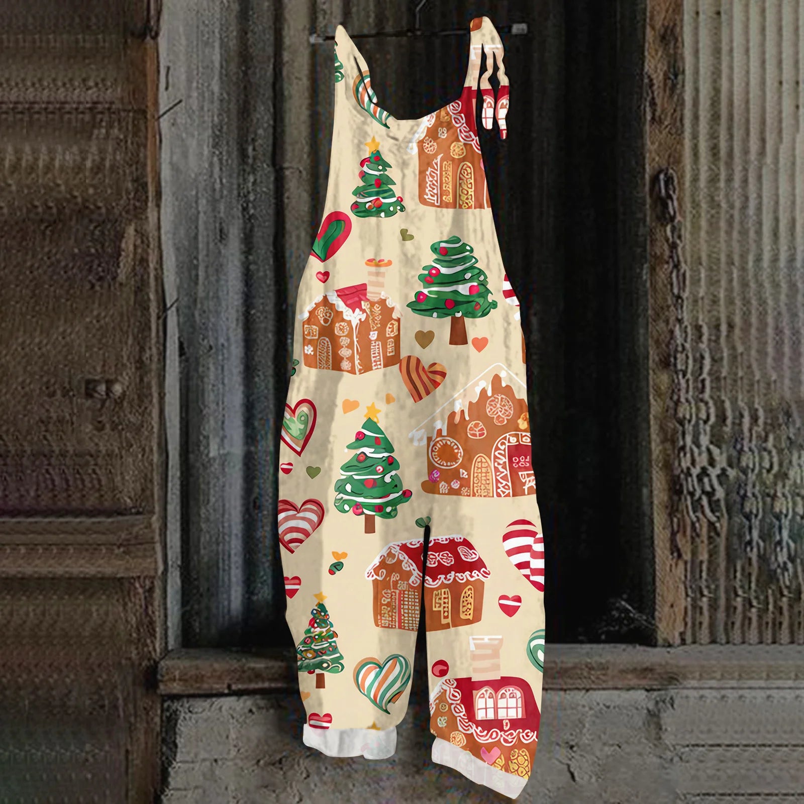 2025 Women's Fashion Christmas Printed Casual Loose Vintage Strappy Jumpsuit Retro Festival Pants New Year Themed Clothing