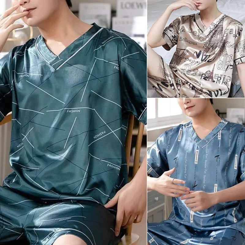 Pajamas Men Ice Silk Thin Short-Sleeved Two-Piece Suit Korean Version of the Loose Large Size Youth Plus Size Sleepwear Homewear
