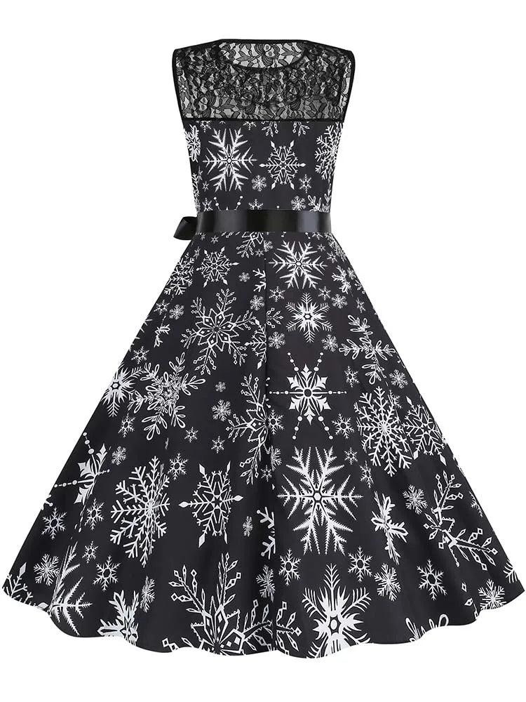 Christmas Dress Women Vintage 50s Lace Sleeveless Print Party A Line Santa Claus Sundress Runway Midi Pinup Flare Dresses