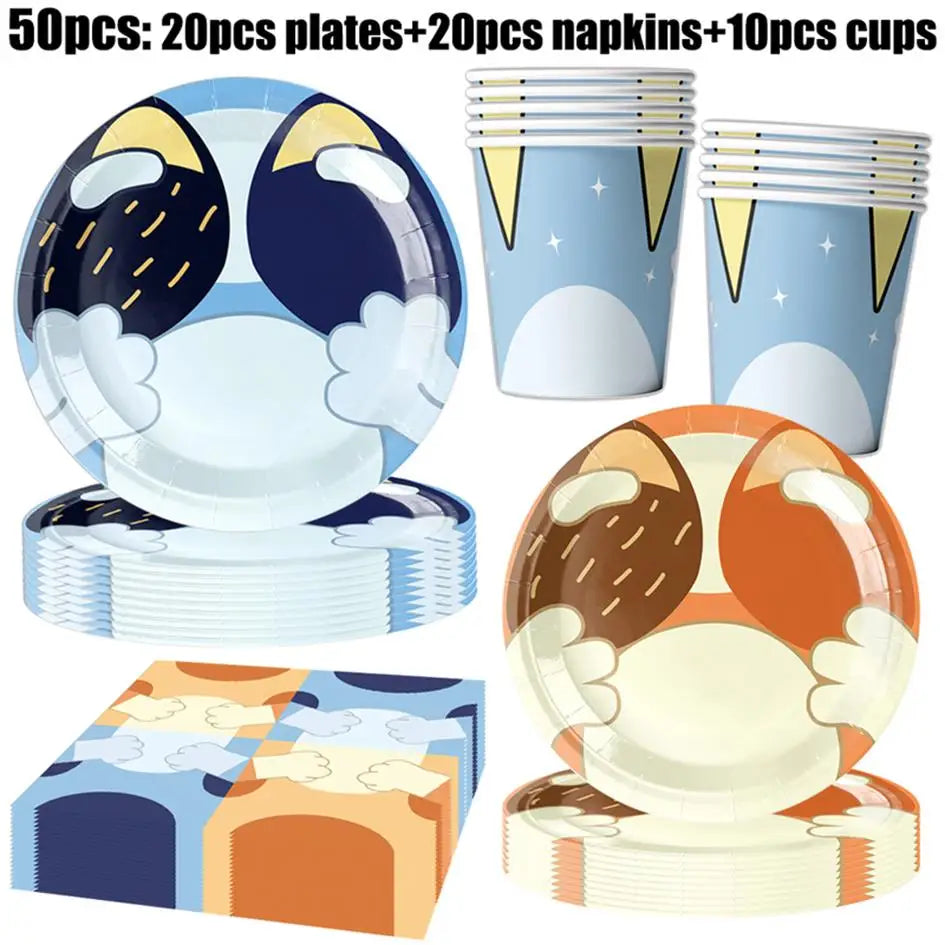 New Cartoon Dogs Birthday Party Decoration Full Set Kit Blue Dog Happy Birthday Plates Napkins Cups Tableware Supplies Kid Favor