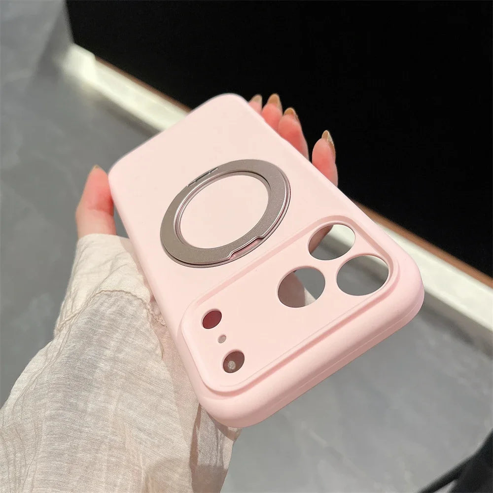 Simple INS Candy Color Liquid Silicone Case For IPhone 17Pro Max Air 16 15 14 Magnetic Rotable Bracket Lens Full-pack Back Cover