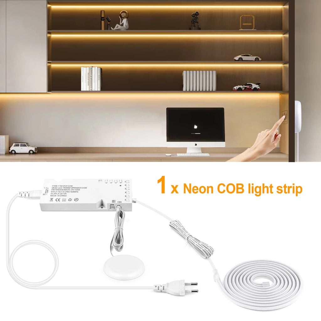 COB Neon Strip Under Cabinet Led Lights Penetrable Wood Dimmable Touch Sensor Wall Lamp,Kitchen Storage Cabinet Lighting Decor