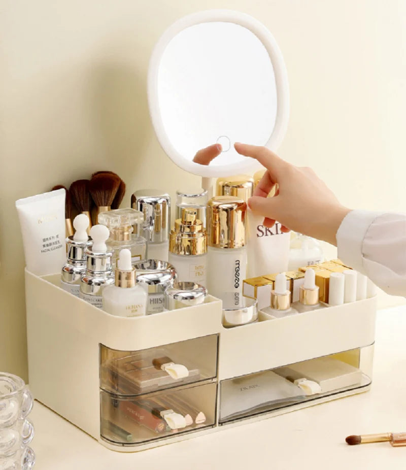 Chic Drawer-Style Cosmetic Organizer With Mirror - Portable Makeup Storage Box For Skincare, Lipstick & More