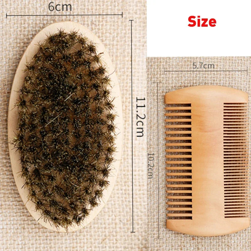 Soft Boar Bristle Wood Beard Brush Hairdresser Shaving Tool Men's Mustache Comb Kit With Bag Beard Hair Comb Set
