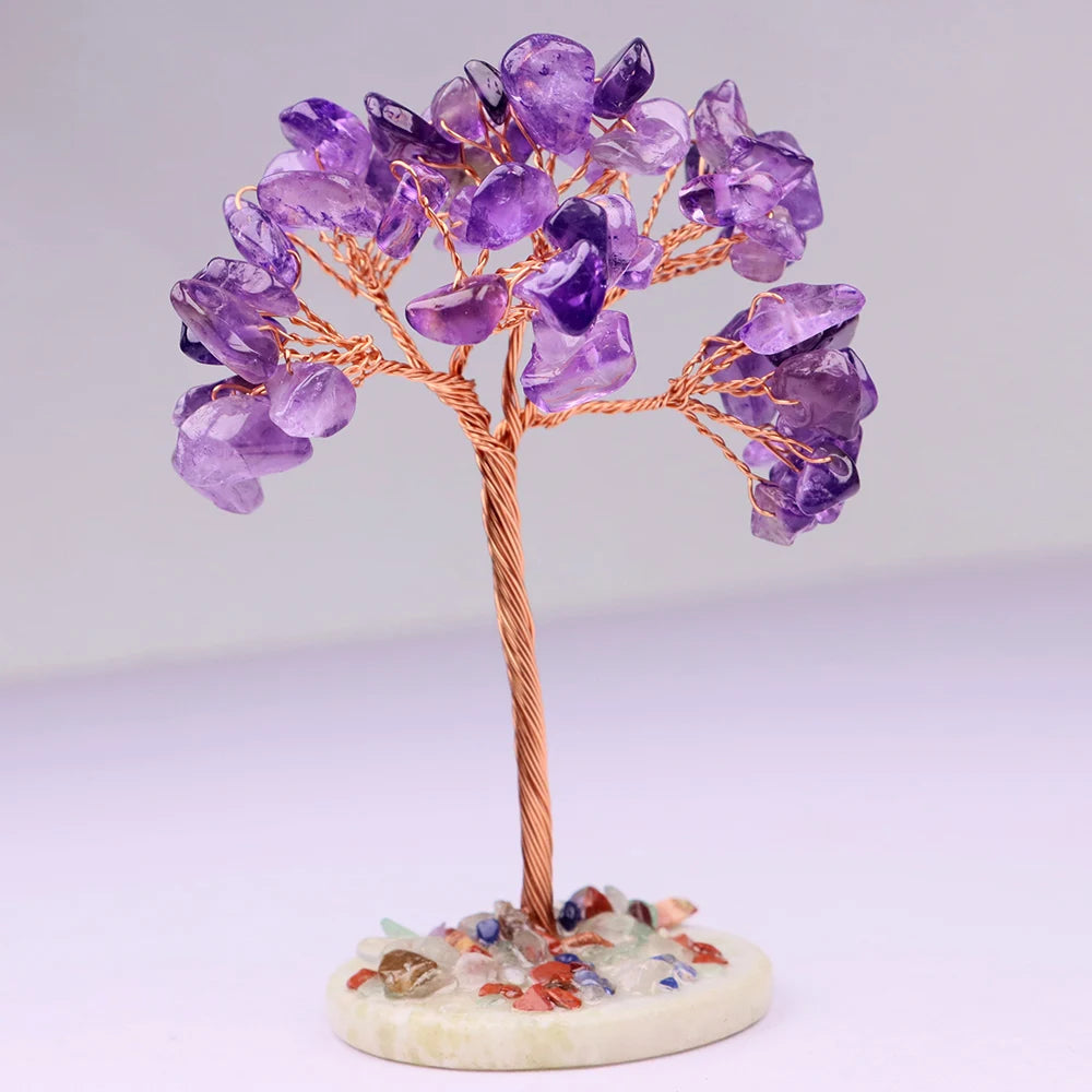 Amethyst Healing Crystals Tree Copper Wire Wrapped on Natural Stone Slice Base Home Desk Living Room Gemstone Decor Mini Sized