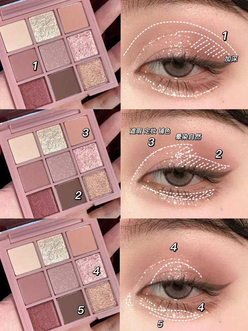 MUGE LEEN Nine-Color Eyeshadow Palette Matte Pearlescent Rose Smoke Peach Earth Tone Milk Tea Powder for Eye Makeup