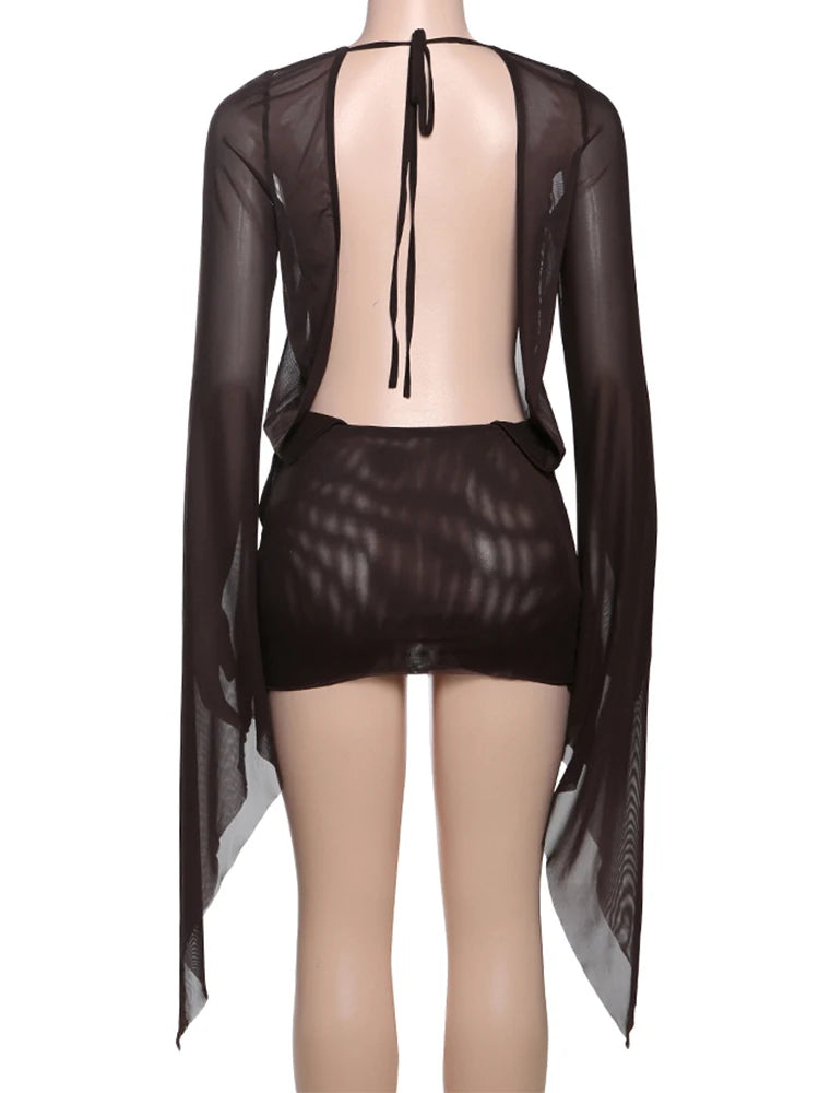 Weird Puss Mesh Sexy Summer Dress Women Cross Bandage Low-Neck Backless Flare Sleeve Midnight Coquette Midnight Party Bodycon