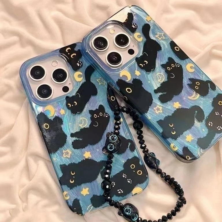 Cute Stars Moon Cat Case Compatible for IPhone 15 11 16 13 14 12 Pro Max 15 8 14 16 Plus XR X XS MAX SE 2020 Feather Yarn Cover