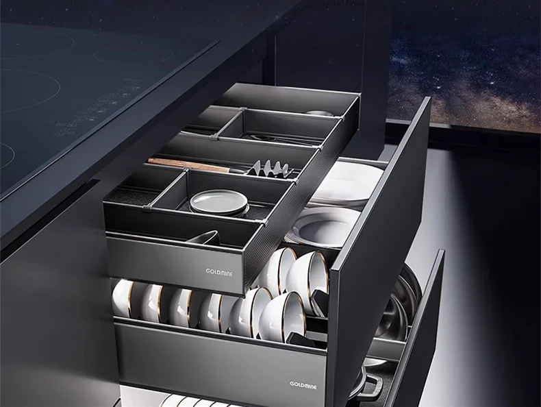 Goldmine Cabinet Organizers 3 Layers Aluminum Storage Baskets Drawers Tableware And Cookware Pullout Drawers For Kitchen