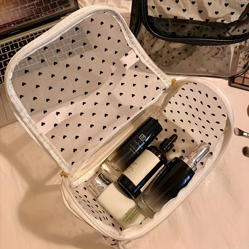 1pc Large Capacity Heart Mesh Makeup Bag Frosted Transparent Cosmetic Toiletry Organizer Travel Pouch for Office Home or Daily