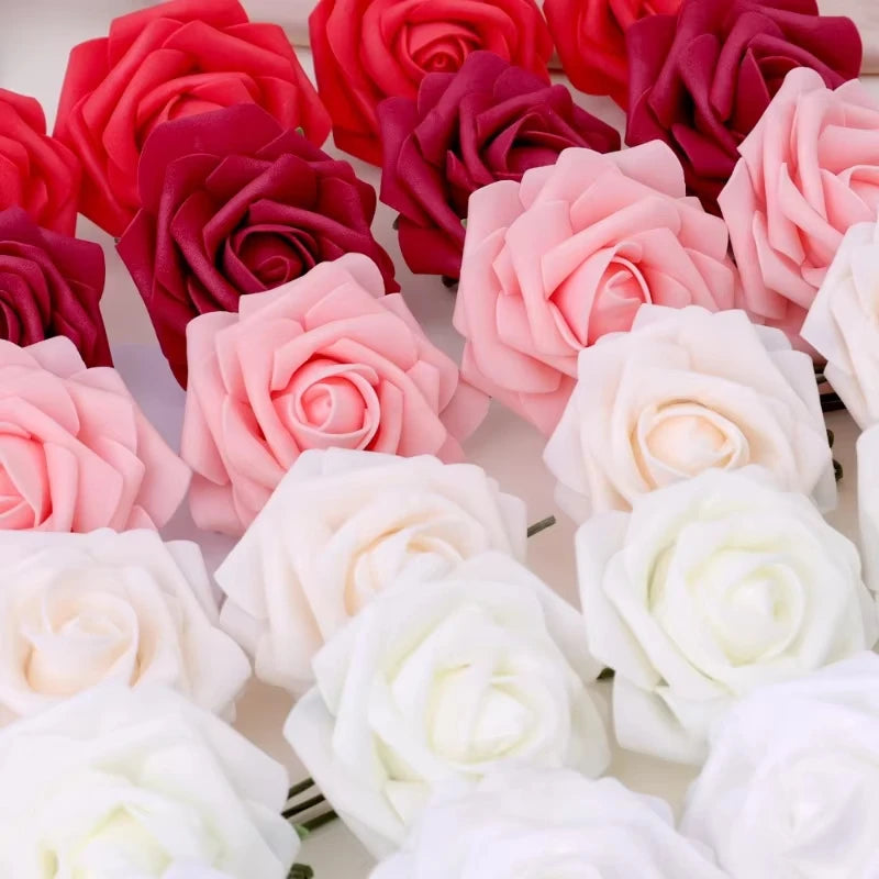 50/5Pcs Artificial Roses Flowers Foam Fake Rose Heads With Stems For DIY Wedding Bouquets Home Party Tables Decorations Supplies