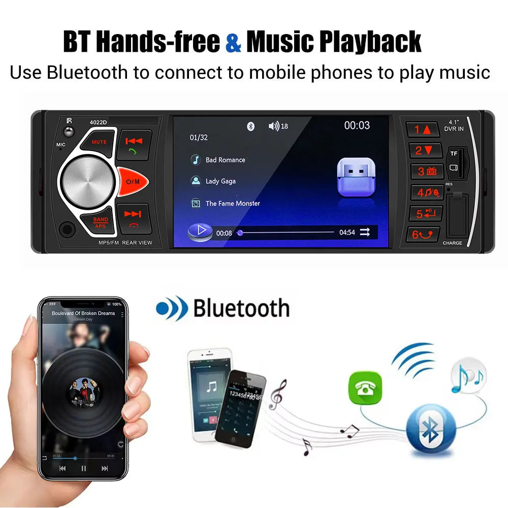 4.1" HD IPS screen car Radio MP5 player smart BT FM USB AUX car radio Hands-free colorful lights Video output Vehicle player 12V