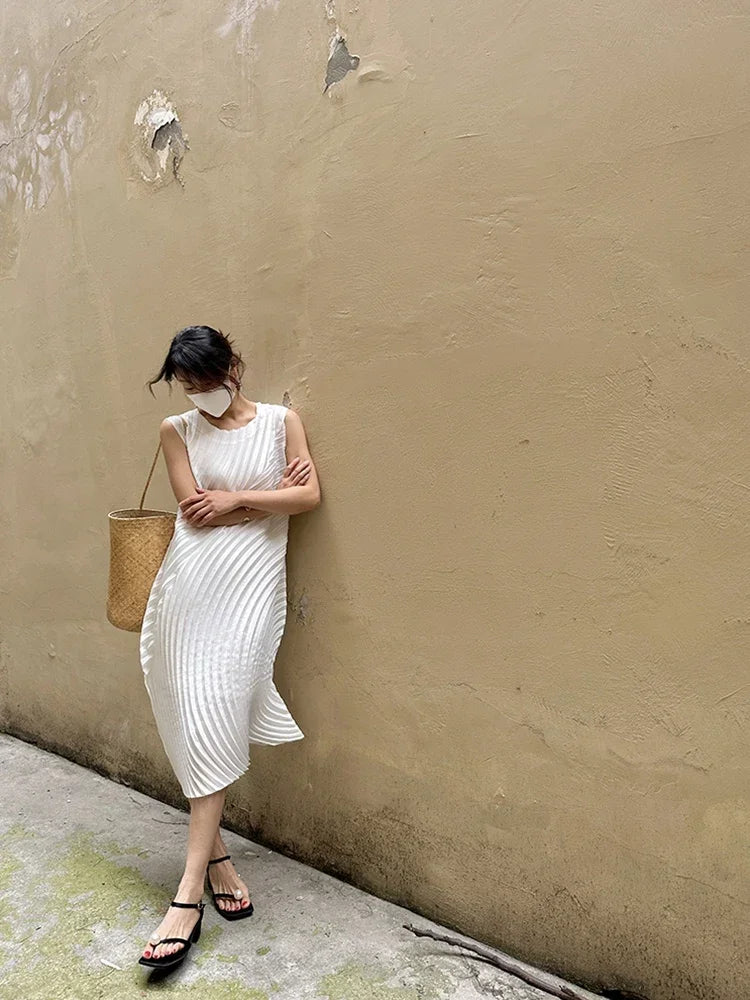 Miyake Hand Circle Pleated Sleeveless Dress Designer Long Round Neck Elegant Loose Summer Korean Style Aesthetic Clothes