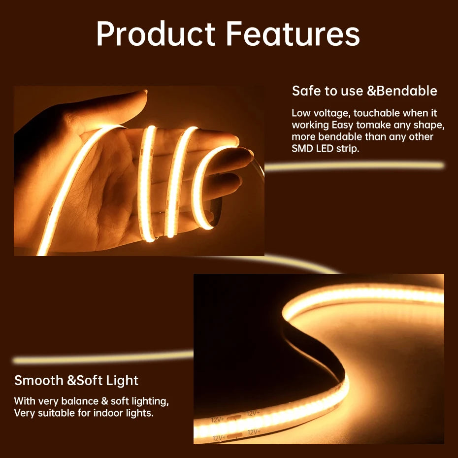 12V COB LED Strip Light 320LEDs/m 0.5m-5m with Power Supply & Bluetooth Controller for Warm/Neutral/Cold White Cabinet Lighting