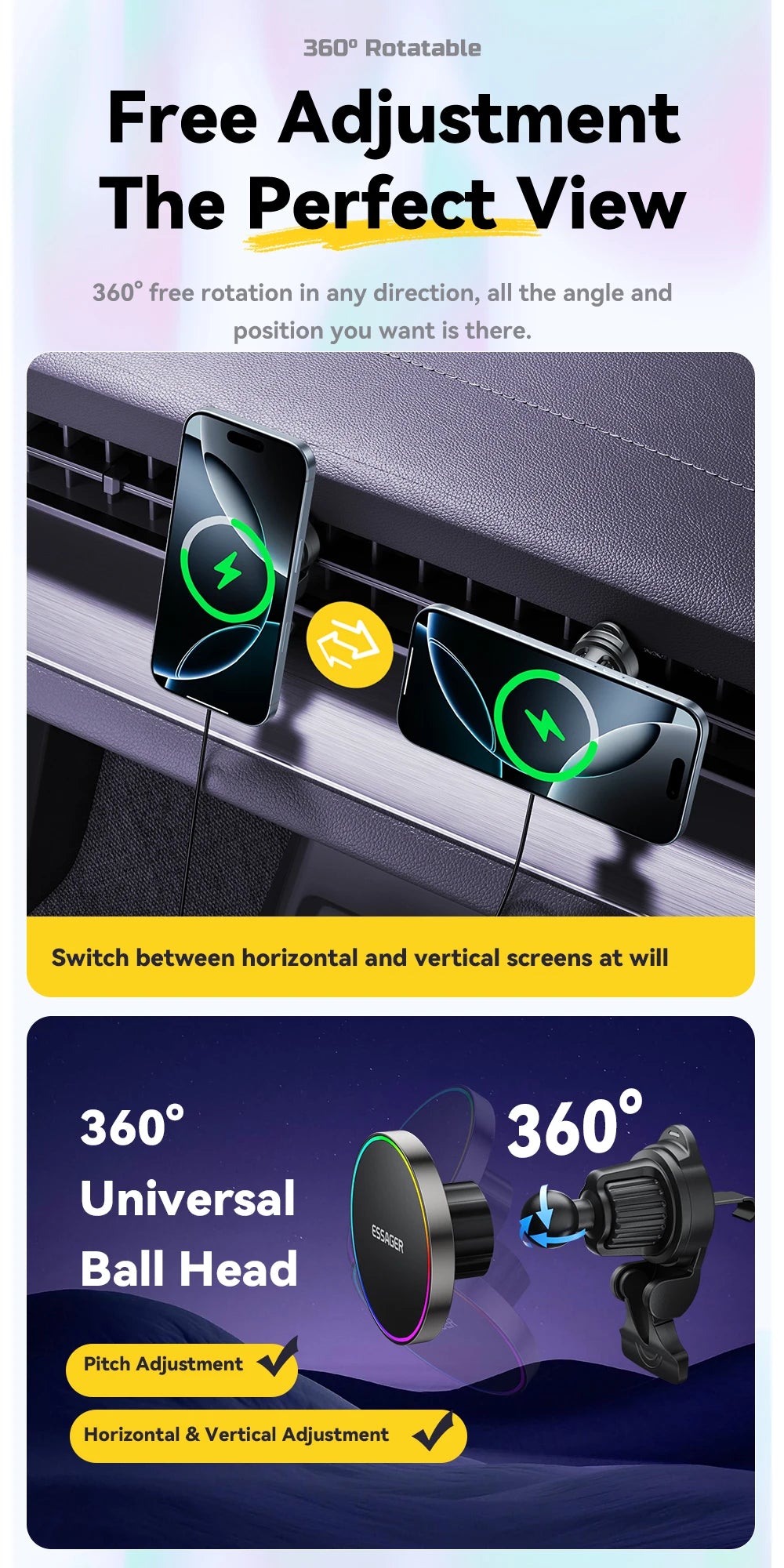 Essager RGB Magnetic Car Phone Holder Qi 15W Wireless Charger For iPhone16 15 14 13 Pro for Magsafe Universal Phone Holder Stand