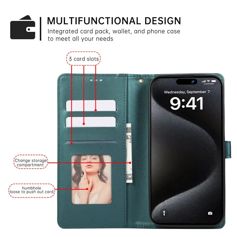 Luxury Leather Wallet Phone Case for iPhone 17 Air 16 15 14 Pro Max 16E 13 12 Mini 11 XS XR Max SE 8 7 Plus Flip Stand Cover