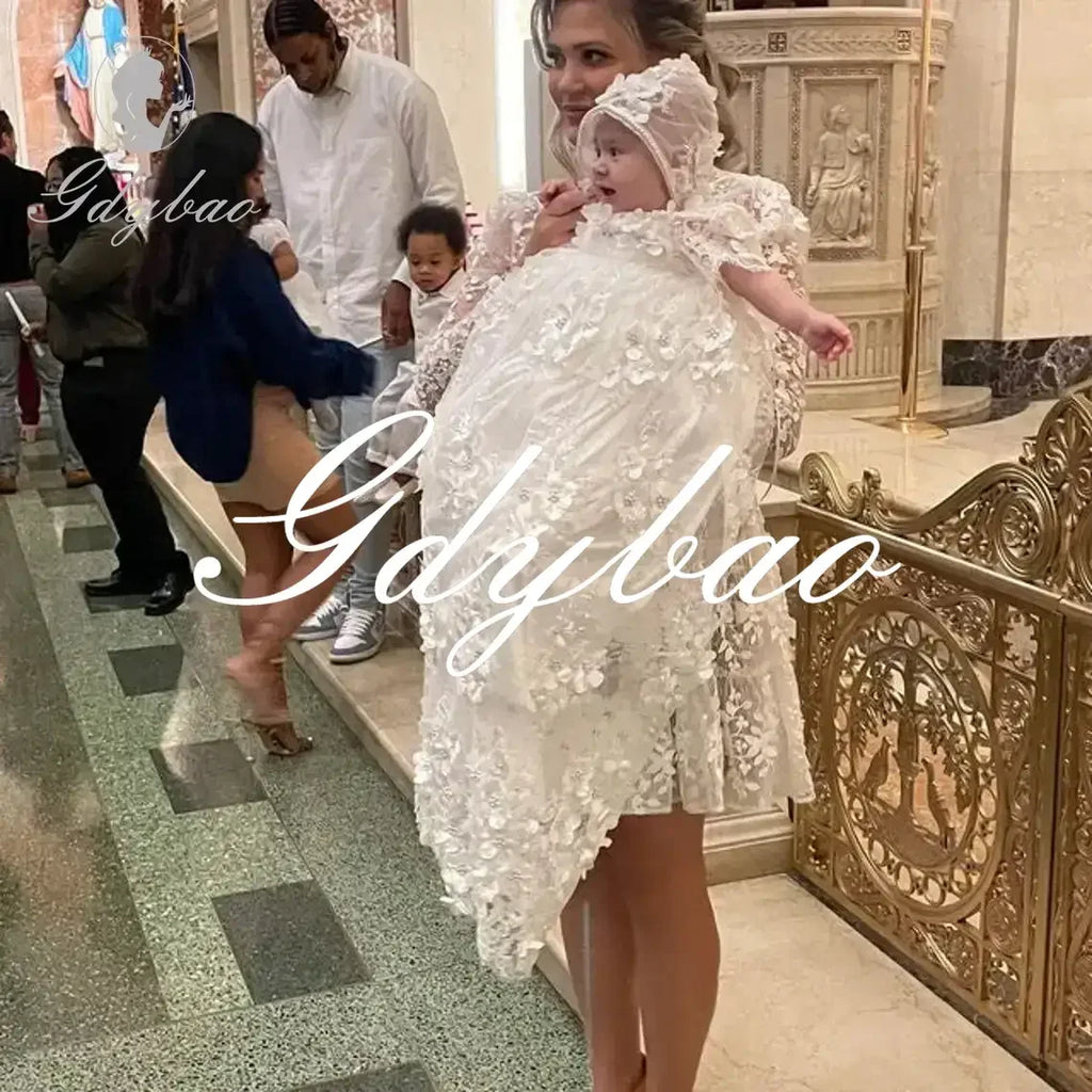 Luxury Baptism Dress Baby Girls Robe Lace Christening Gown With Bonnet Off White Ivory Custom Made New 2025 Customized
