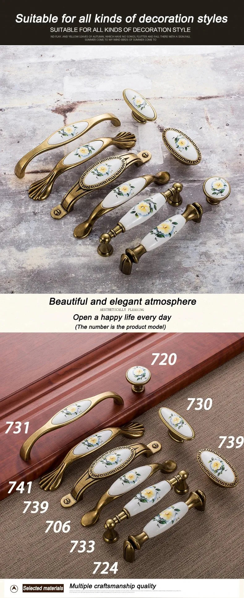 European Green Flower Ceramic Handles Kitchen Cabinet Storage Dressers Classic Wardrobe Cabinet Single Hole Closet Door Pulls