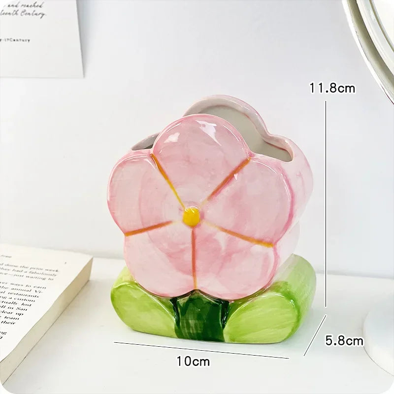 Flower Pen Holder Ceramic Desktop Decoration Desk Office Storage Box Stationery Shelf Storage Tank Living Room Decoration