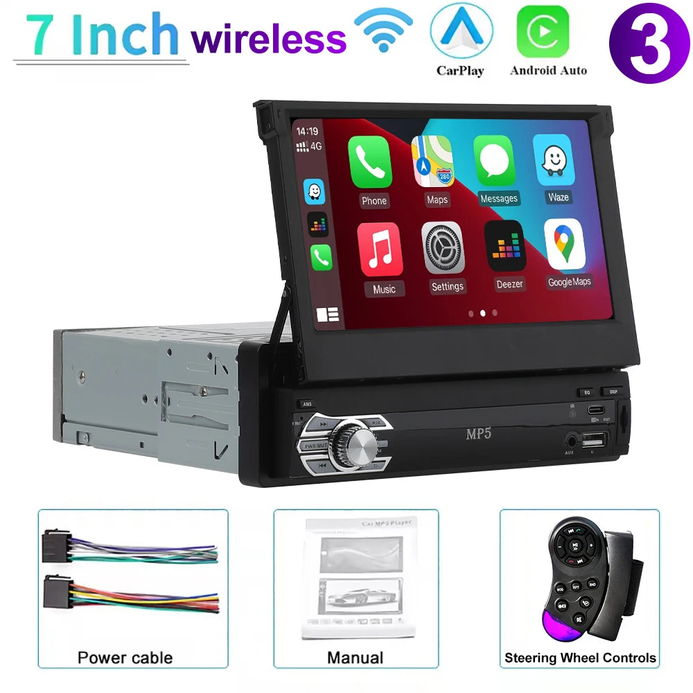 Universal 1 Din MP5 Player 7 Inch Carplay Android Auto Manual Automatic Retractable Touch Screen Car Player FM Radio Mirror Link