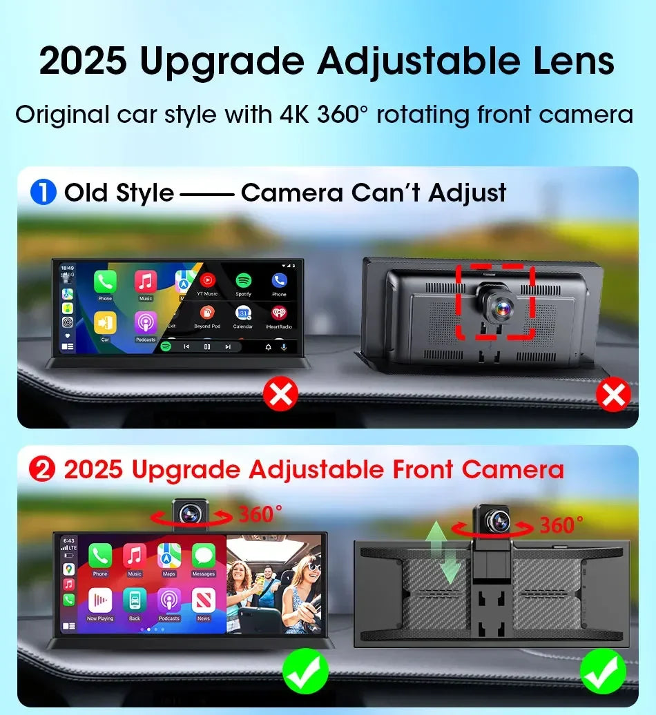 11.3 inch Dashcam 4K 360° Rotating Camera Wireless Carplay Android Auto Dash Cam Video Recorder Dashboard Car DVR FM AUX