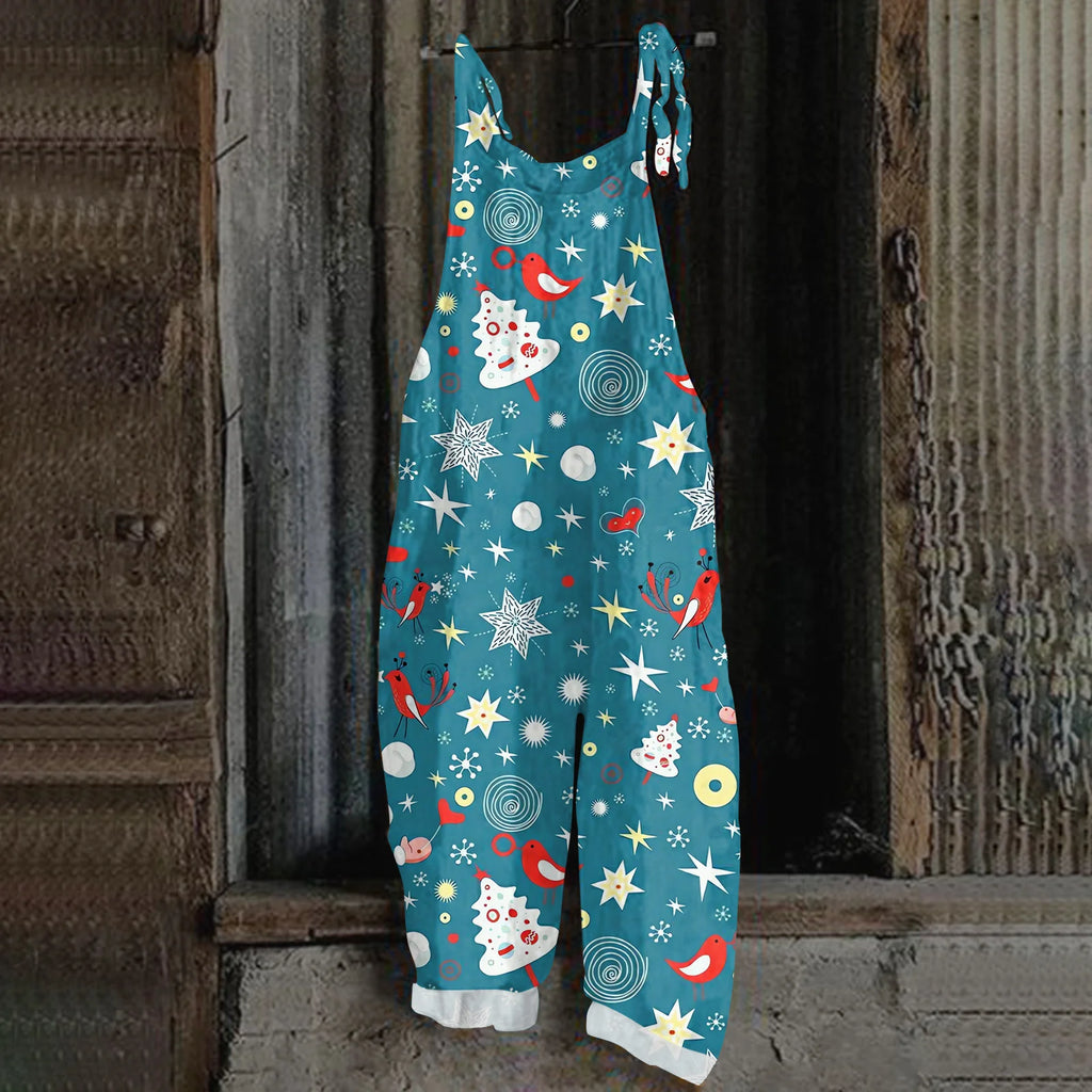 2025 Women's Fashion Christmas Printed Casual Loose Vintage Strappy Jumpsuit Retro Festival Pants New Year Themed Clothing