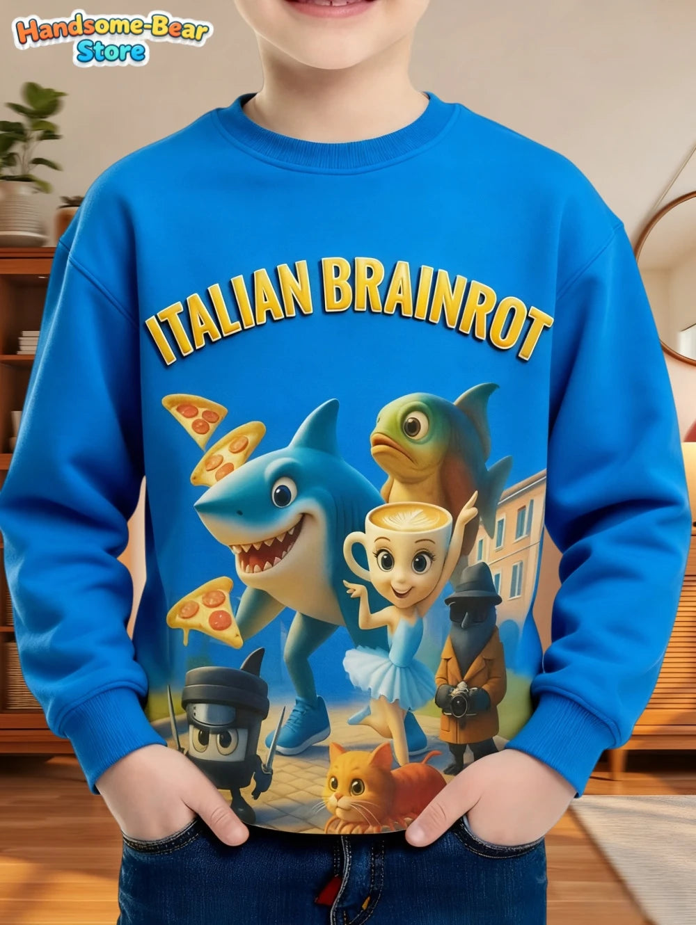 Italian Brainrot Boys Sweatshirt Autumn Long Sleeve Round Neck Hoodie Tungtung Sahur Brainrot Cartoon Children Tops Boys Clothes