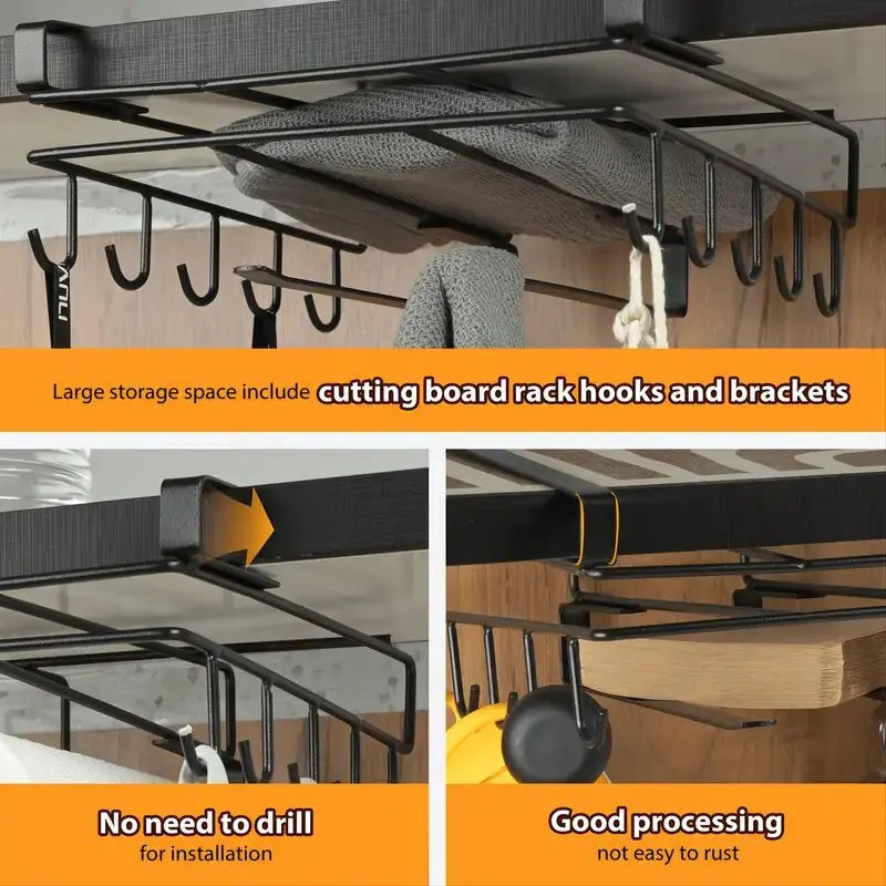Kitchen Hanging Organizer Rack with Hooks Under Cupboard Paper Towel Rags Hanger Cutting Board Pot Cover Holder Storage Shelf