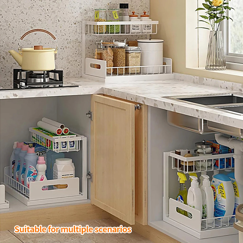 Carbon Steel Kitchen Shelf Double Space Saving Shelves Pull-out Design Countertop/Under Cabinet Dual Use