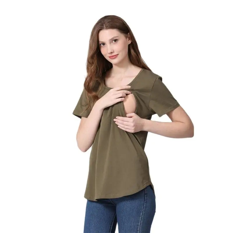 Emotion Moms New Women Maternel T-Shirt Short Sleeve Stretch Cotton Tops Zipper Breastfeeding Loose Pregnant Clothes Big Size