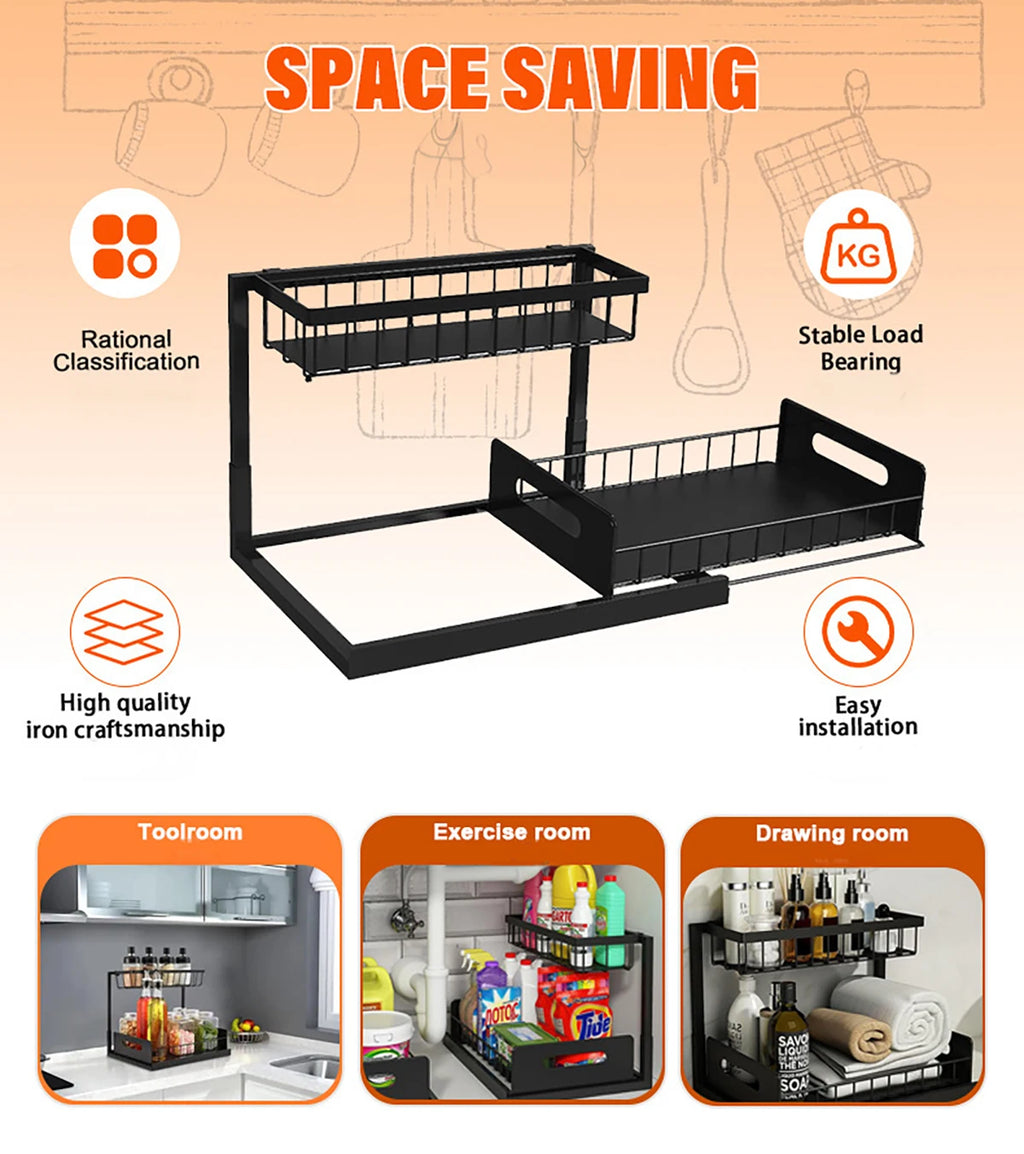 Carbon Steel Kitchen Shelf Double Space Saving Shelves Pull-out Design Countertop/Under Cabinet Dual Use