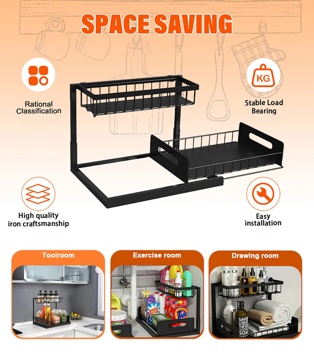 Carbon Steel Kitchen Shelf Double Space Saving Shelves Pull-out Design Countertop/Under Cabinet Dual Use