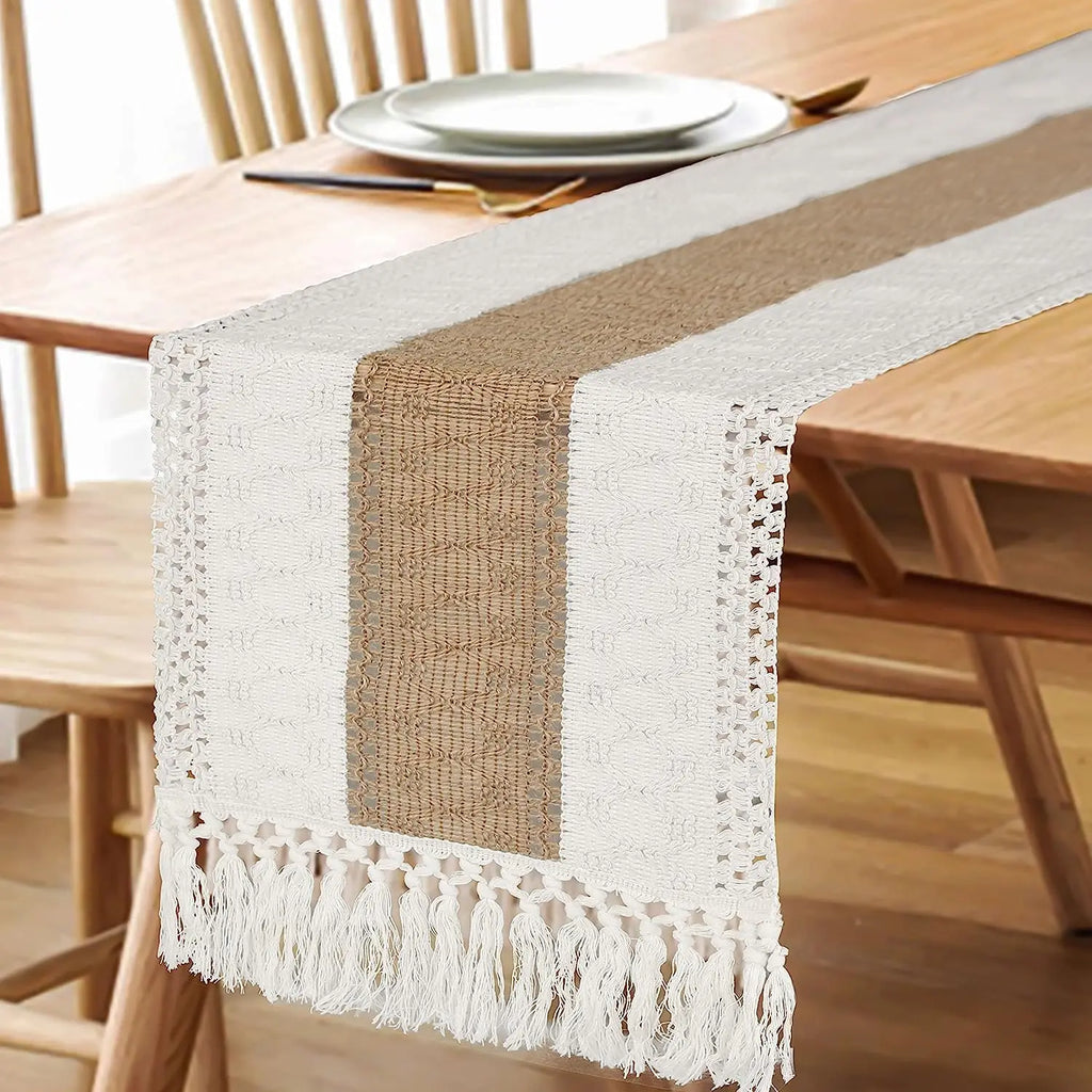 Table Runner for Summer Home Decor with Tassels Long Farmhouse Rustic Table Runner Cream & Brown Macrame Burlap Table