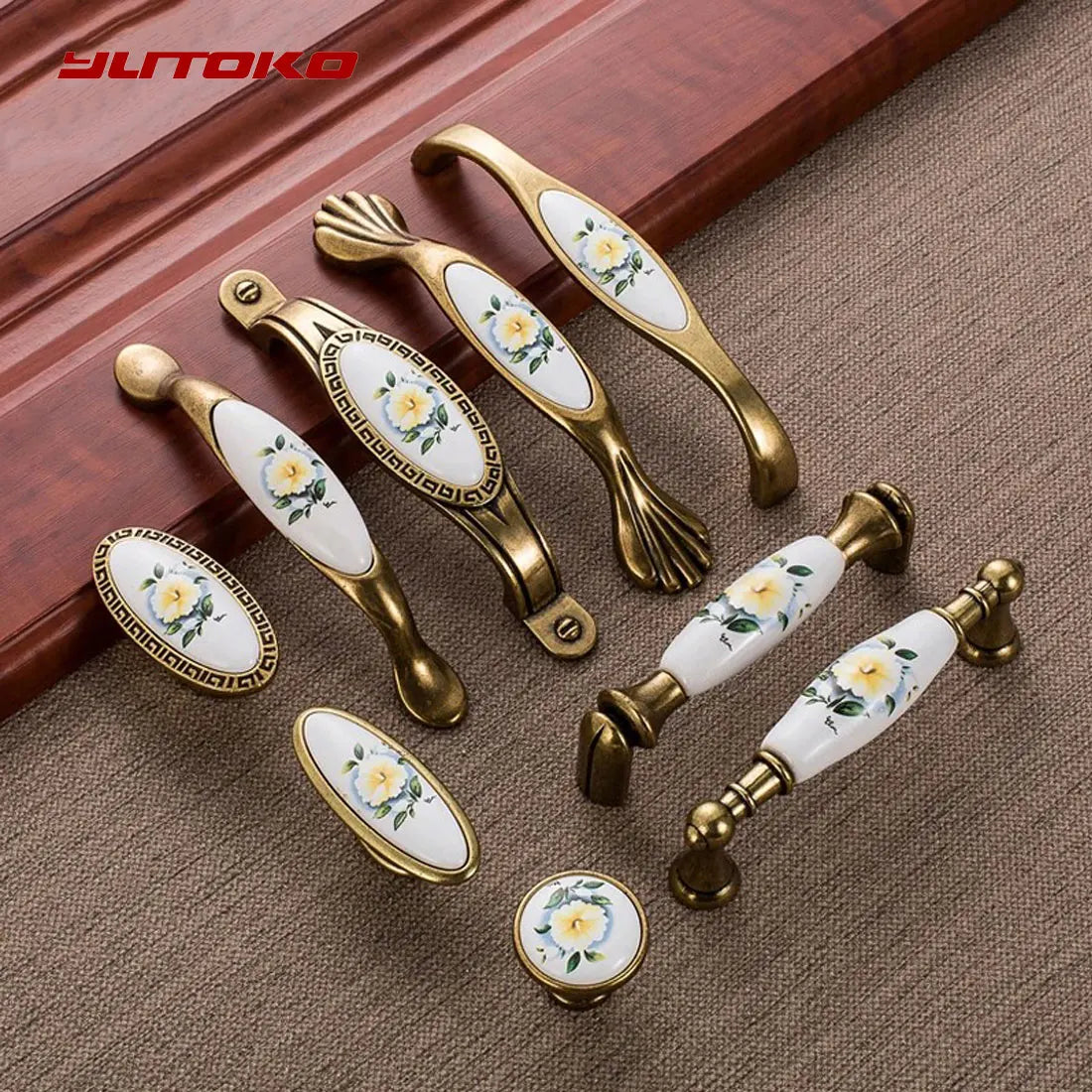European Green Flower Ceramic Handles Kitchen Cabinet Storage Dressers Classic Wardrobe Cabinet Single Hole Closet Door Pulls