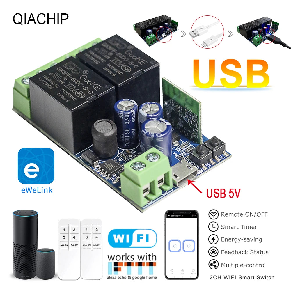 QIACHIP WiFi Smart Switch 10A DC 7-48V USB 5V 2 CH 2.4G RC with eWelink app Suitable for Curtain Motors Garage Doors LED Lights