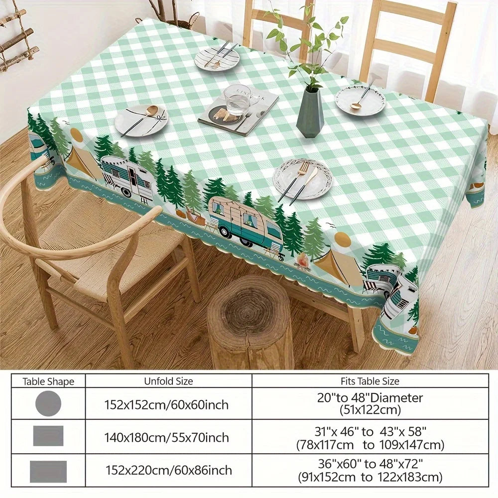 Green Checkered Trees Rectangle Tablecloth Holiday Home Party Decor Washable RV Campfire Table Cloths Outdoor Picnic Table Decor