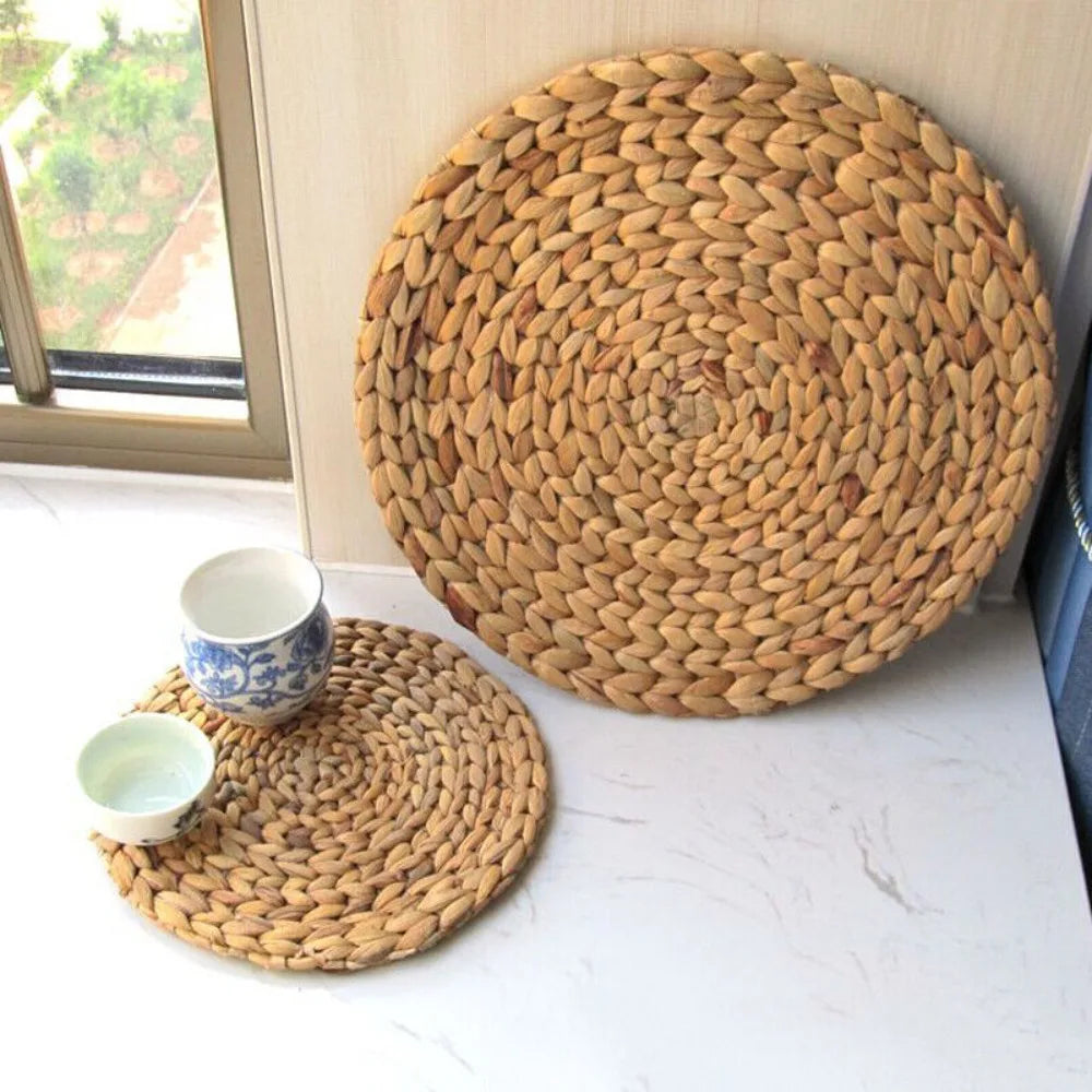 Natual Straw Weave Rattan Round Placemats Cups Mat Dining Table Home Decor